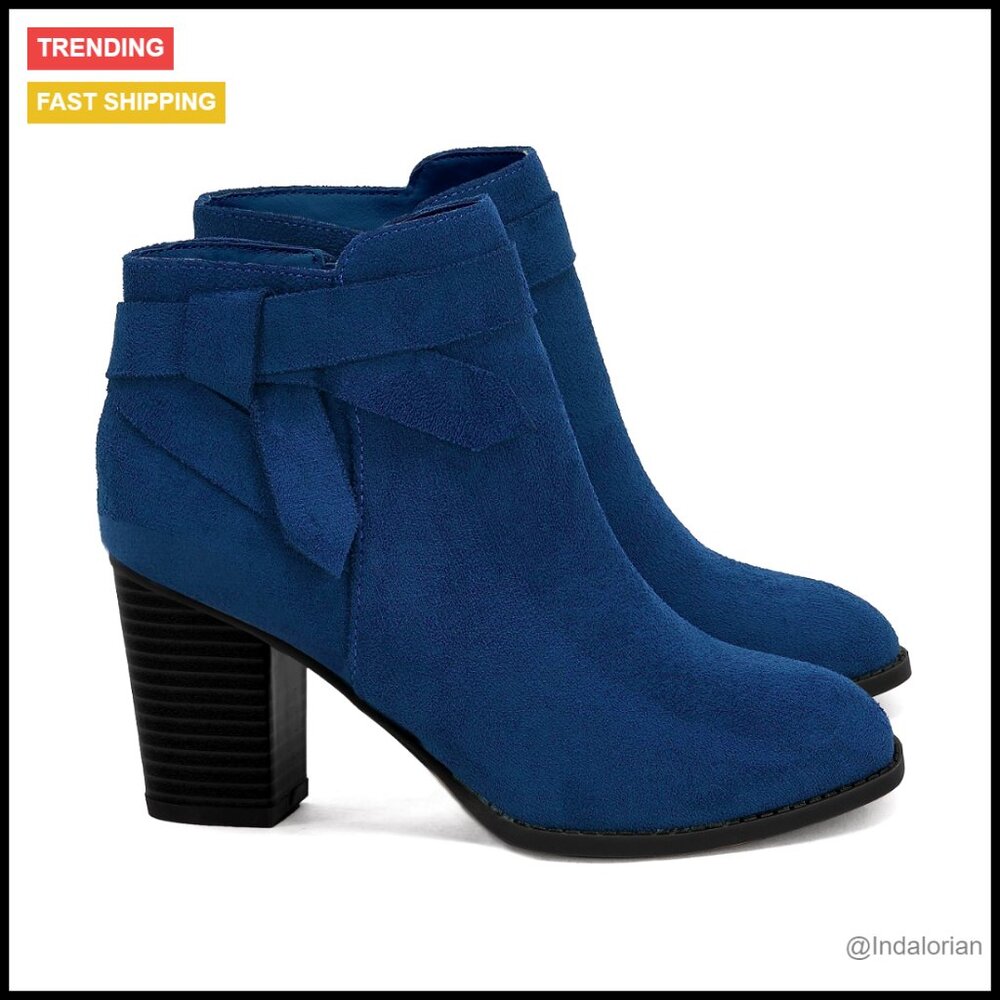 Faux Suede Ankle Booties Chunky Stacked Heel Strappy Bowtie Zipper Chic